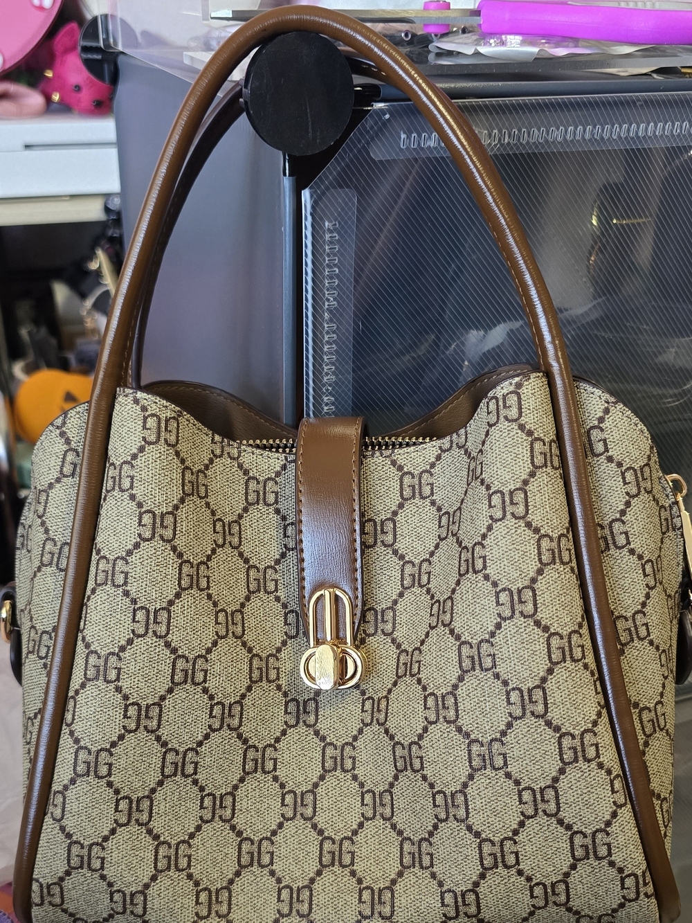Designer-Inspired Brown Monogram Tote Bag - Brown